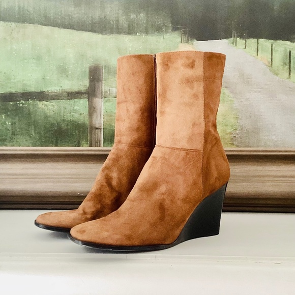 Vintage Enzo Angiolini Wedge Heel Brown Leather Suede Made In Brazil Boots 9.5 M - Picture 1 of 12
